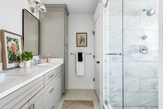 A luxury bathroom with custom bathroom storage solutions