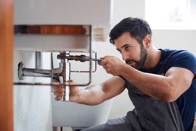 Plumber Using Wrench To Fix Leaking Sink In Home Bathroom