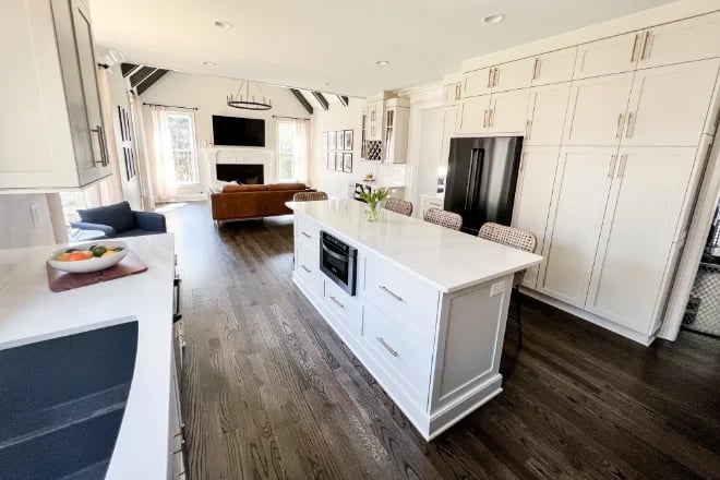 White kitchen with dark hardwood floors