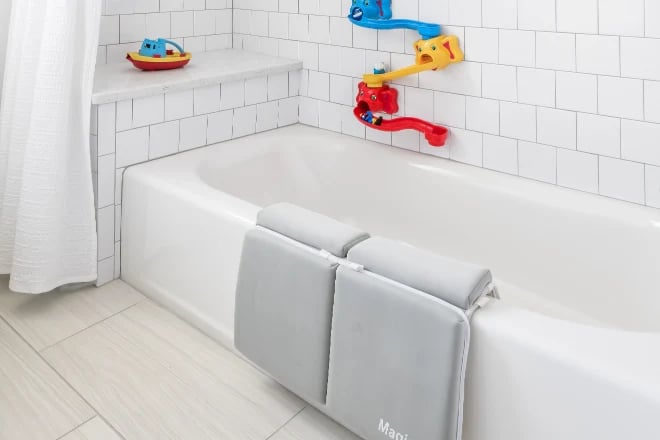 A built-in bath in a childrens bathroom