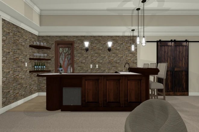 A computer rendering of a bar plan for a basement remodel (1)