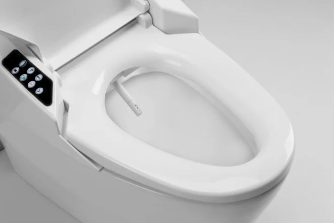 Integrated bidet toilet with control panel on the side