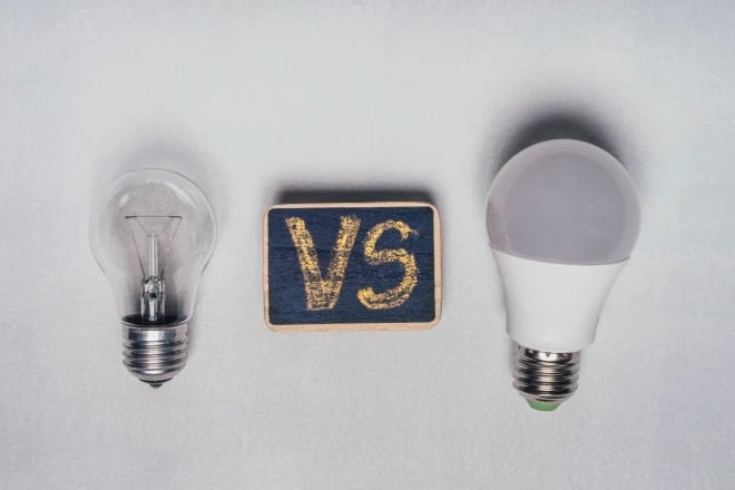 Standard incandescent light bulb vs LED light bulb