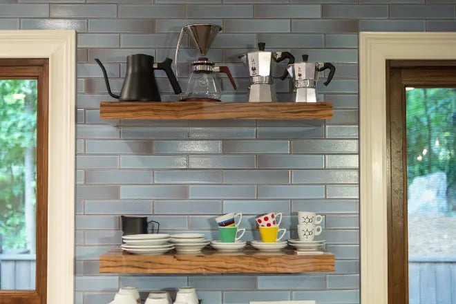 floating shelves with various coffee-making implements