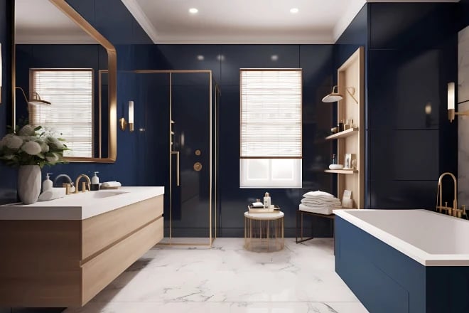 navy blue master bathroom with walk-in shower and marble floor