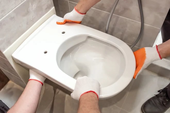 workers installing a toilet
