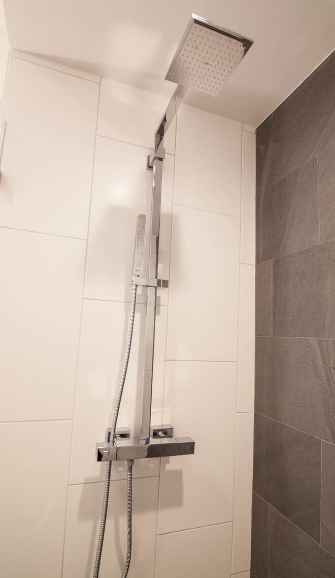 A shower with a monochrome tiling color scheme.
