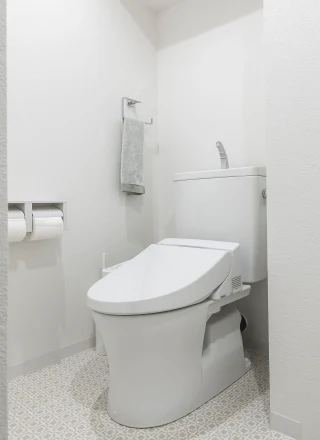 A comfort height toilet in a white bathroom