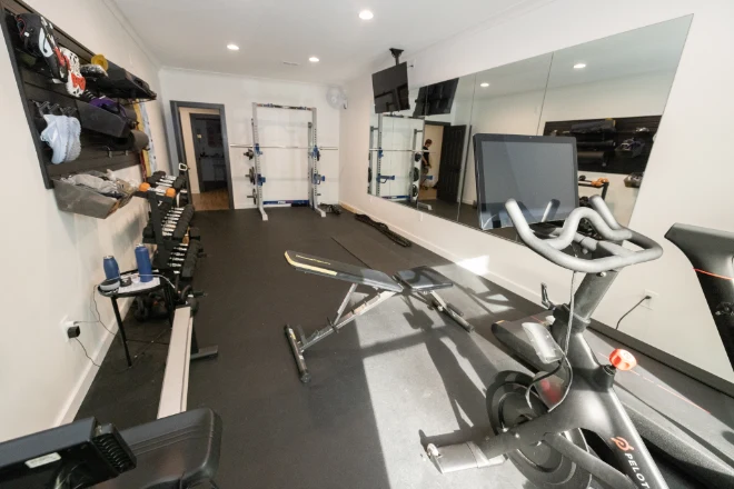 A home gym installed as part of a basement remodeling project
