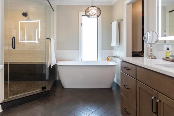 A luxury bathtub in a bathroom remodeled by Ranney Blair Remodeling
