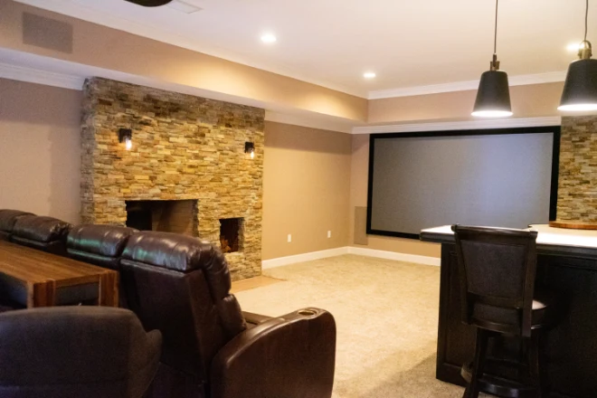 A personal home theater installed in a basement