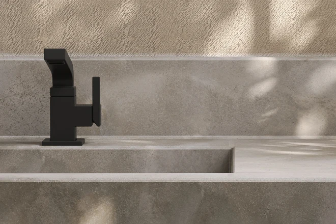 Modern and luxury bathroom vanity with white concrete countertop and rectangle washbasin