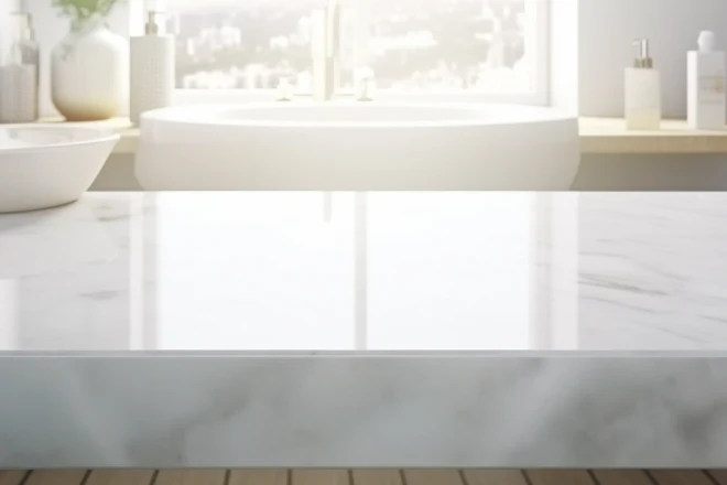 Porcelain slab countertop with blurred bathroom interior background