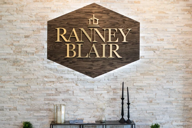 Ranney Blairs logo hanging on a wall in their showroom in Roswell, Georgia