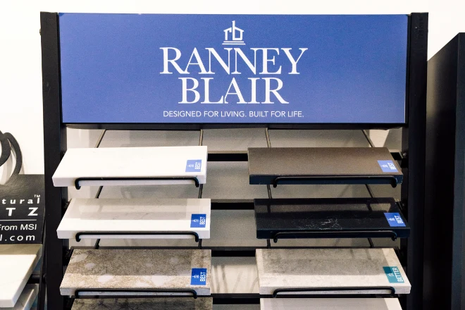 Ranney Blairs showroom with samples of countertop materials on display