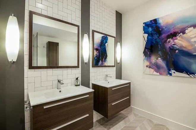 solid surface bathroom countertops fit perfectly in this contemporary bathroom design